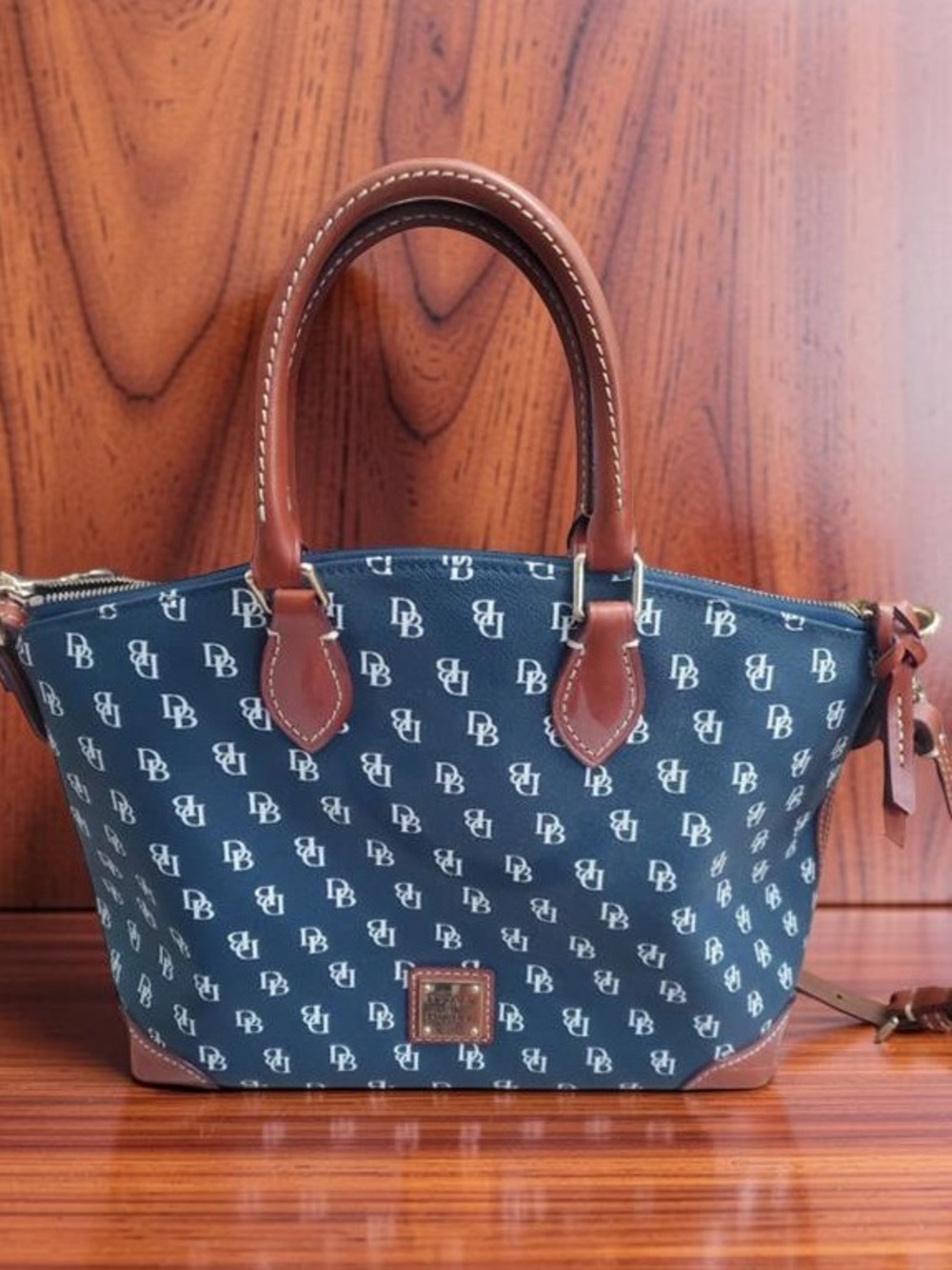 Dooney & Bourke Gretta Signature Navy Satchel Bag & White DB Monogram Pattern